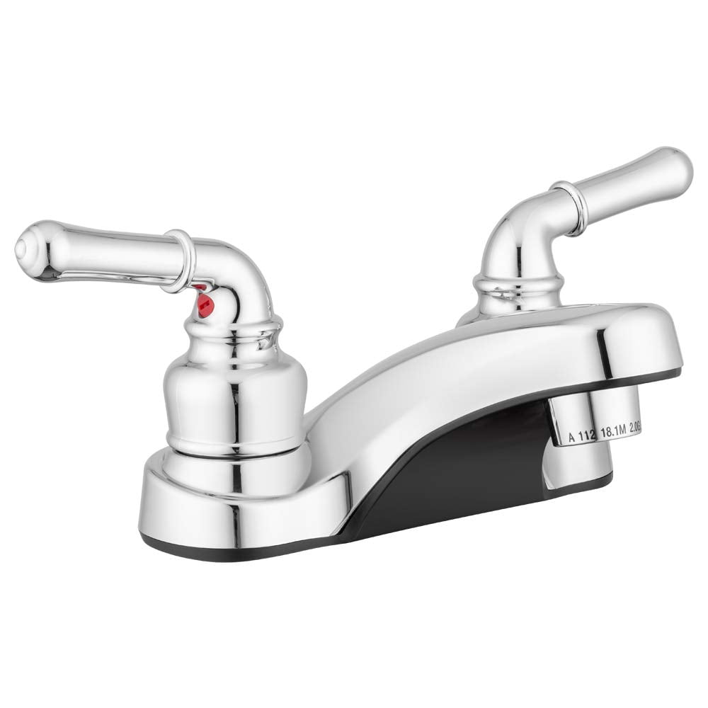 Lifetime Warrant Metallic Satin Nickel Plating Over ABS Plastic Lynden Bathroom Sink Faucet by Pacific Bay Features a Classically Arced Spout and Traditional Two-Lever Operation