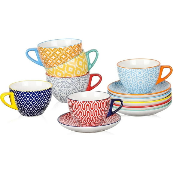 Ceramic 8 oz Cappuccino Cup Set with Saucers, Espresso Coffee Cups, Latte Macchiato for Party Cafe Home, Set of 6, Assorted Colors