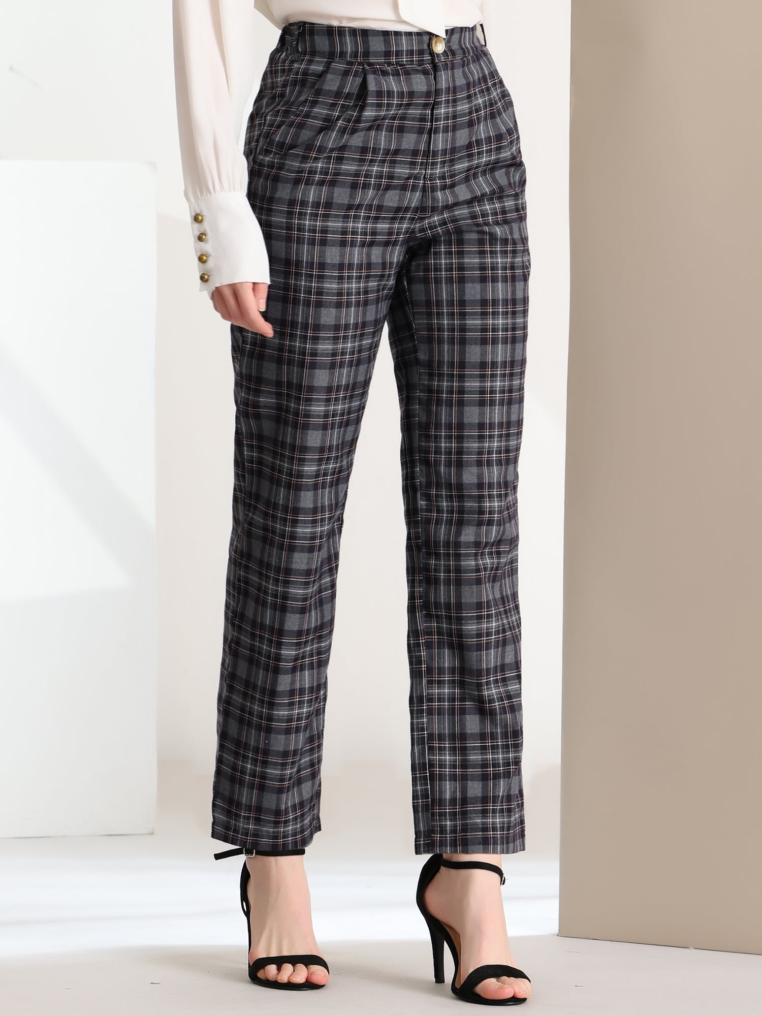 DARING DIVA Women's Plaid Trousers Pockets Straight Leg Casual Pant L dark Gray Black