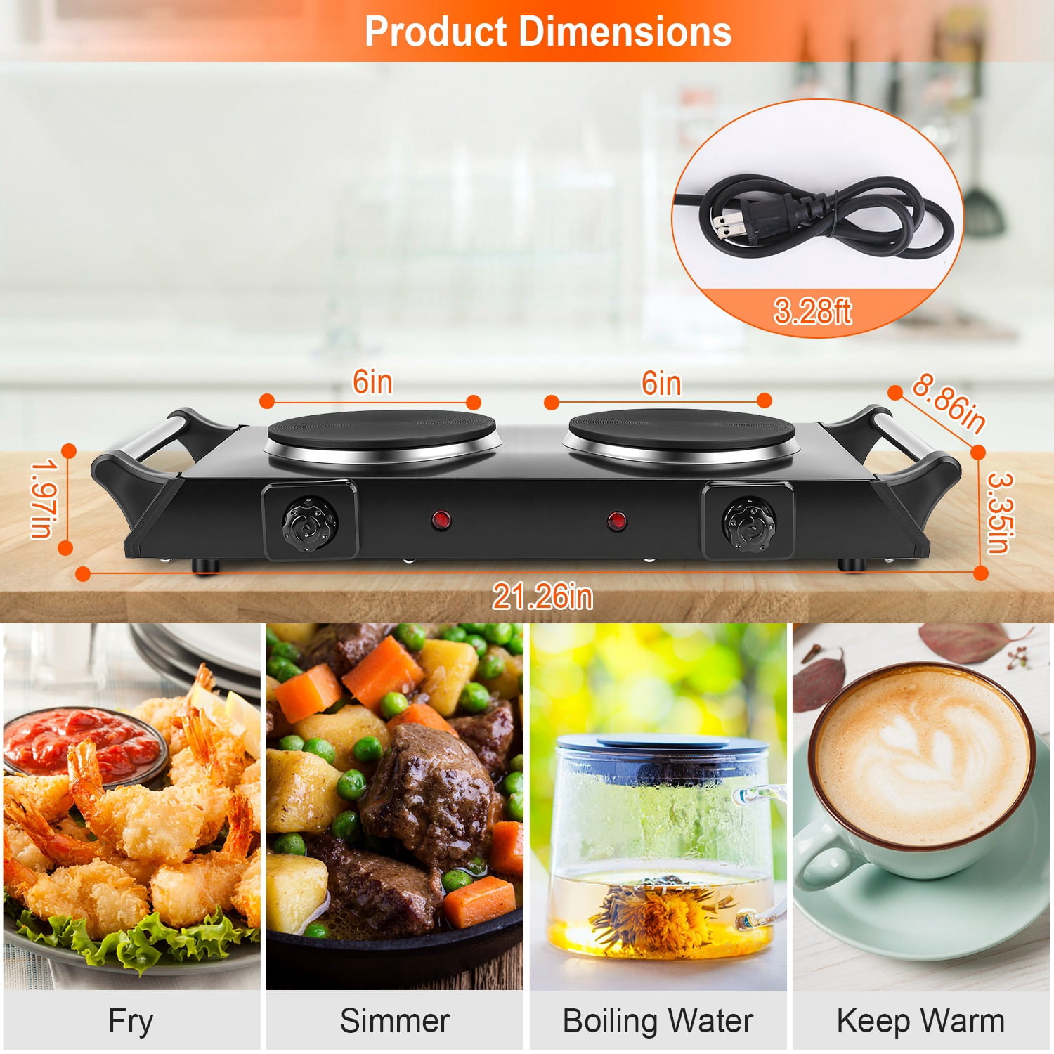 2000W Dual Burner Electric Hot Plate 21.26in 5Temperature Levels 392-932F 110V Black Quick Iron Portable Countertop Stove Coil Heating Flat Cookware Compatible Dorms RVs Apartment Easy Clean Cooking
