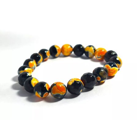 ROYALGEMSTONE Natural Stone Beaded Bracelet, Black and Orange Marbled Pattern, Gemstone Beads