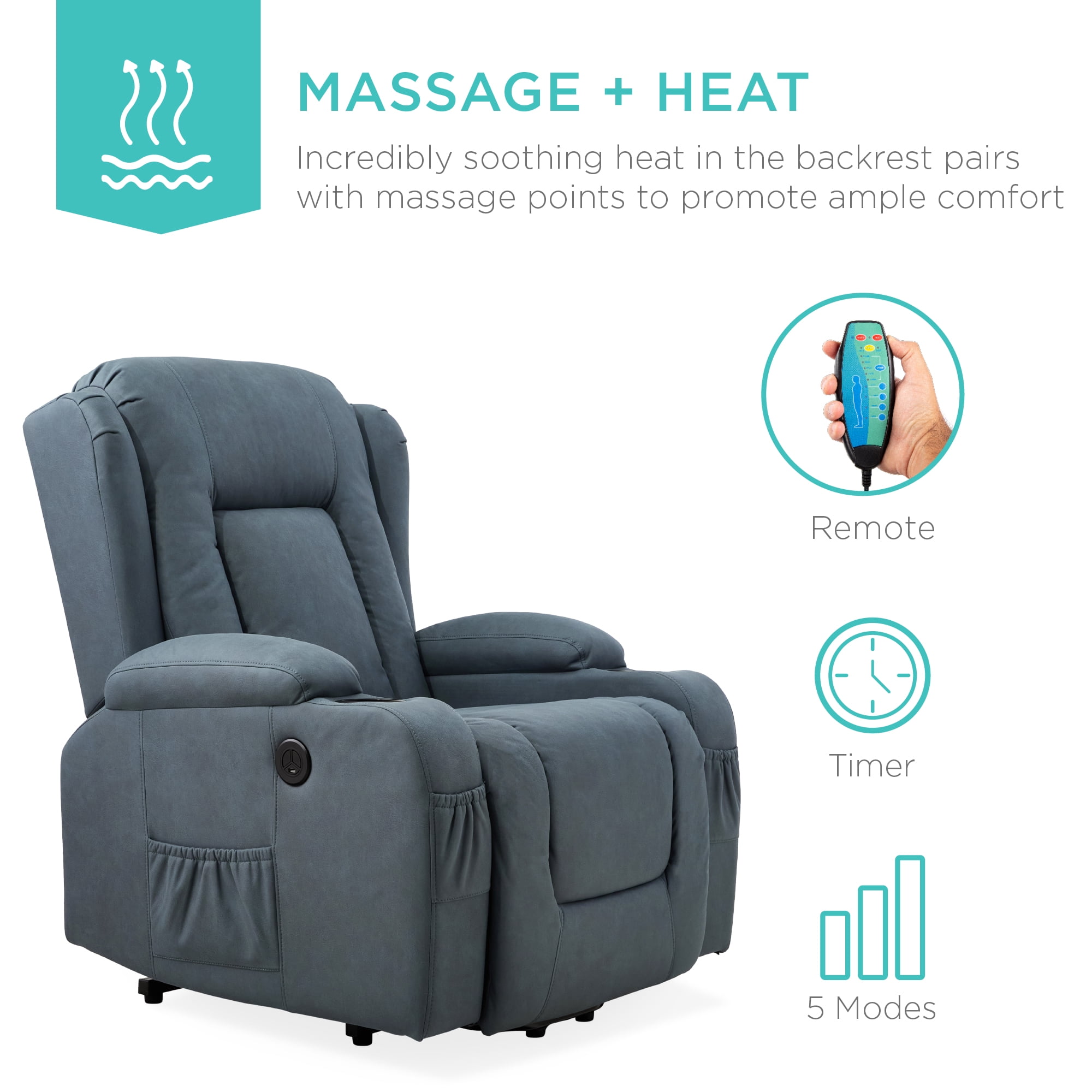 Best Choice Products Electric Power Lift Recliner Massage Chair Furniture w/ USB Port, Heat, Cupholders - Blue
