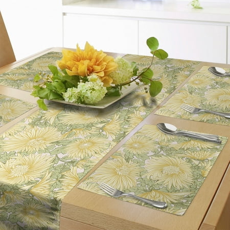 

Floral Table Runner & Placemats Large Motifs of Japanese Chrysanthemum Flowers with Leaves Set for Dining Table Decor Placemat 4 pcs + Runner 16 x90 Cream Mustard by Ambesonne