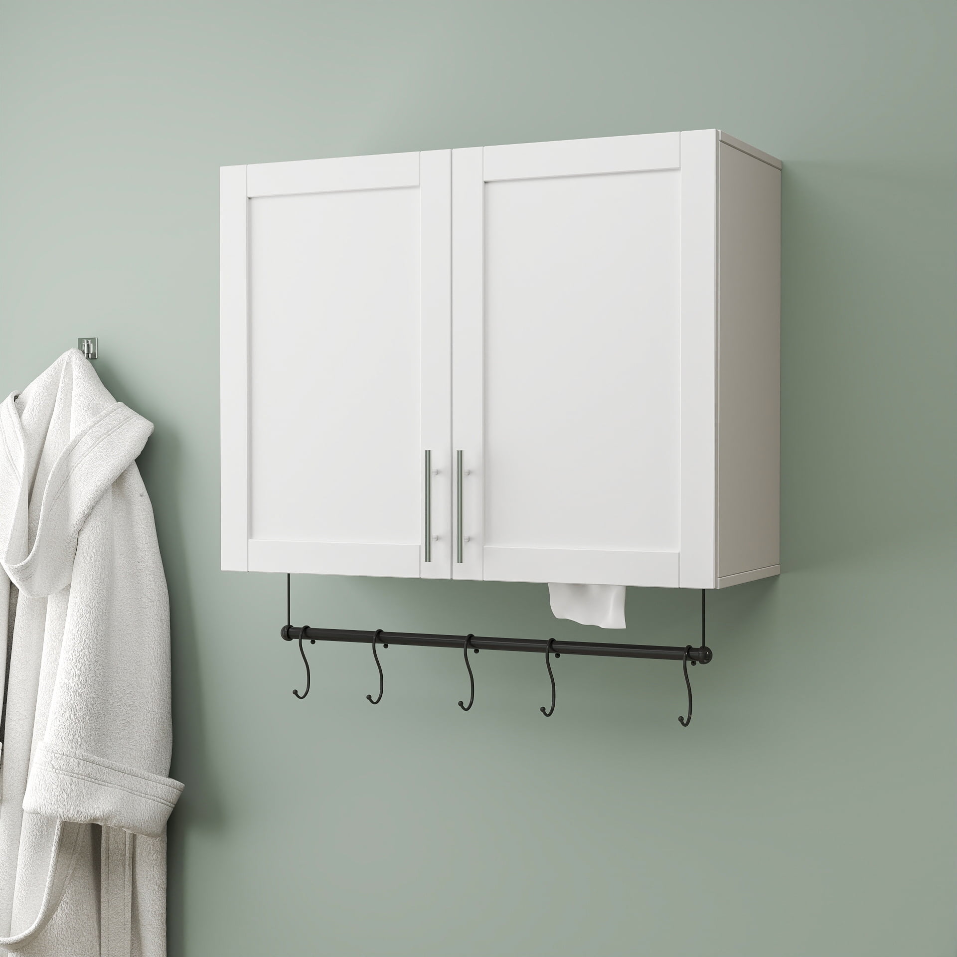 Bathroom Wall Cabinet Over Toilet Storage with Adjustable Shelf Towel Bar 5 Hooks, White