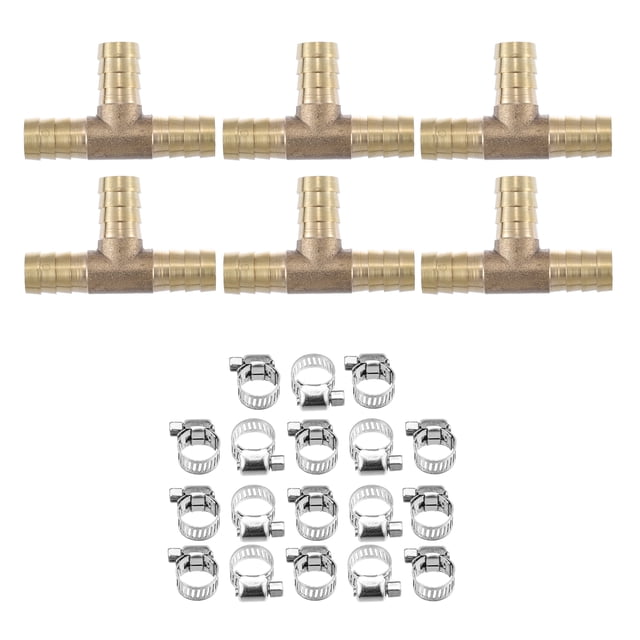6 Juegos 12mm En Forma de T Conector Manguera Espiga Latón Acople con Abrazadera Unique Bargains