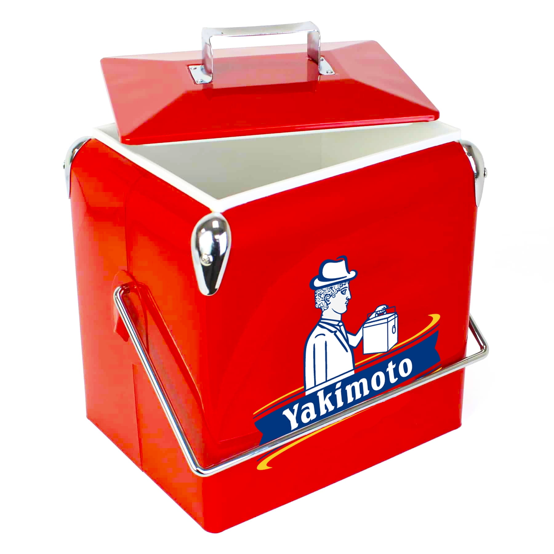 Yakimoto 14-Quart Vintage Metal Beverage Cooler with heavy-duty handle and secure locking lid for keeping drinks cold during outdoor tailgating