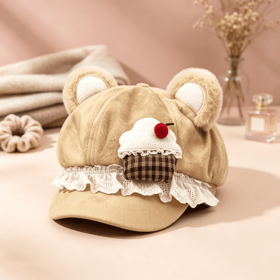Y2K 2000S Cutecore Bear Ears Beret Hat, Hats for Women,Cute Plush Octagonal Newsboy Cap,Sweet Lolita Style with Lace Ruffle & 3D Food Applique,Polyester Suede‑Like Hat-Khaki