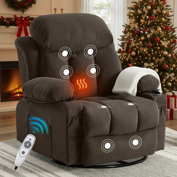 Swivel Recliner Chair with Massage and Heat, UHOMEPRO Nursery Rocking Chair Single Sofa with USB Port, 2 Cup Holders, Modern Living Room Manual Lounge Chair with Side Pockets, Solid Wood Frame, Brown