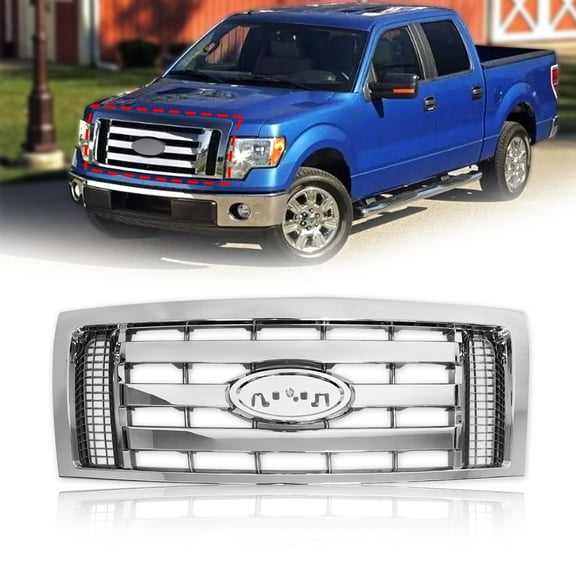 Front Bumper Grille Grill Assembly Fit For 2009-2014 Ford F-150 F150 XLT Upper Bumper Guard Cover Replacement 9L3Z8200D FO1200511 (Chrome)