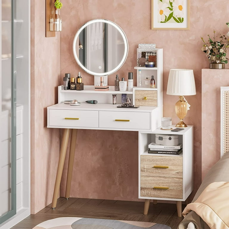 Vanity Desk Table Set with Nightstand Lighted Mirror Makeup Vanity Desk with 3 Color Lighting Modes Touch Screen White