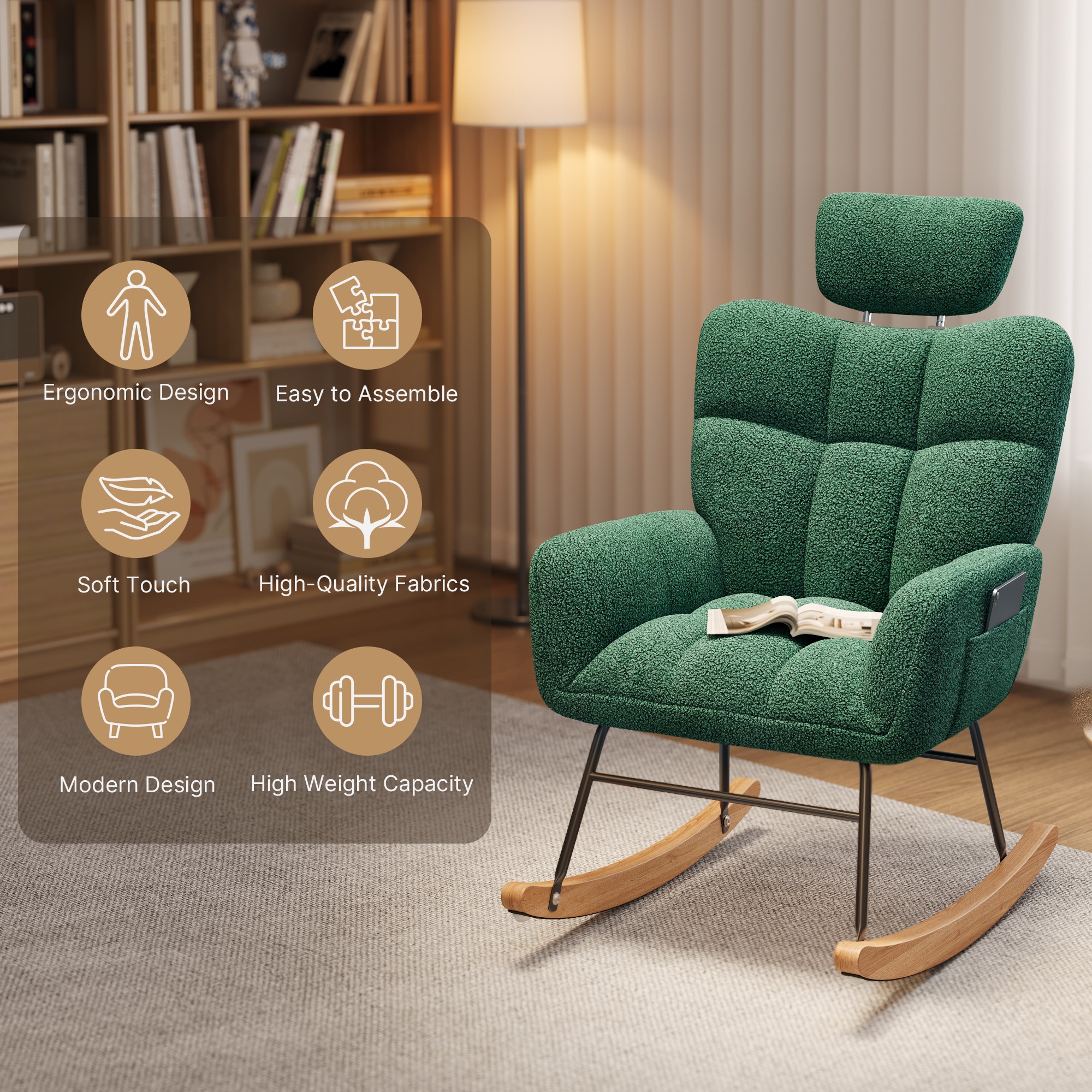 Rocking Chair Nursery, Lofka Upholstered Accent Chair with Comfy Armchair, Padded Seat, Solid Wood Frame for Living Room