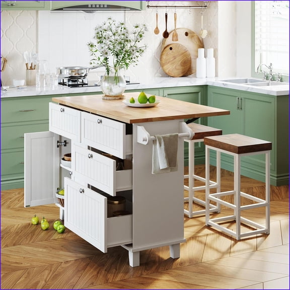 Kitchen Island Sets, Farmhouse Rubber Wood with Drop Leaf, 2 Seats, Storage, White   Walnut Brown | White | Rectangular