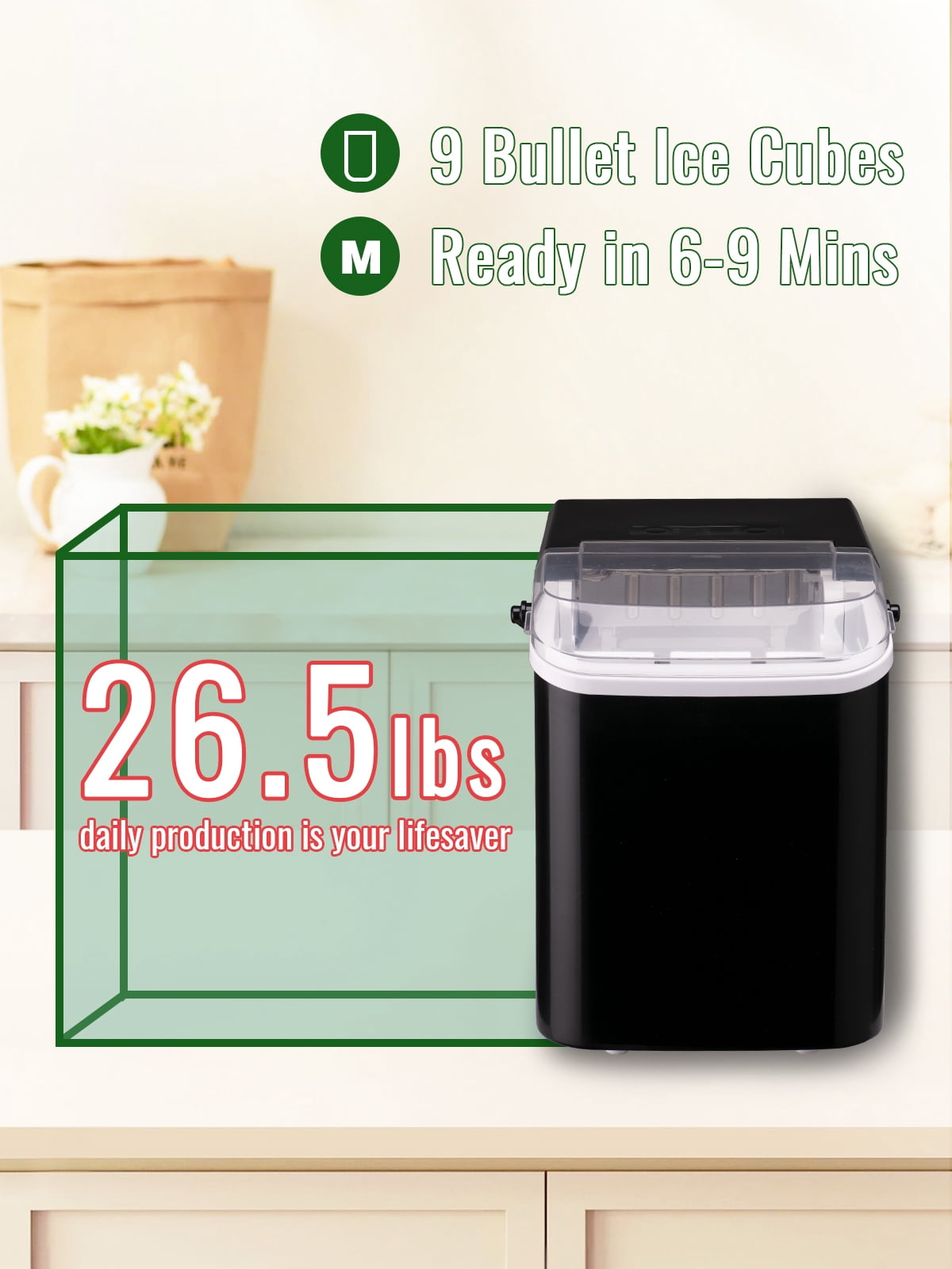 Tacool Portable Ice Makers Machine Countertop 26.5lbs in 24 Hours, 9 Cubes Ready in 8 Mins, Black, New