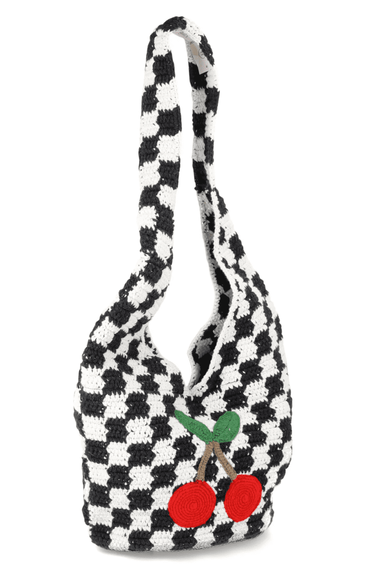 No Boundaries Festival Crochet Hobo Bag, Black/White Checker Cherries, Women's