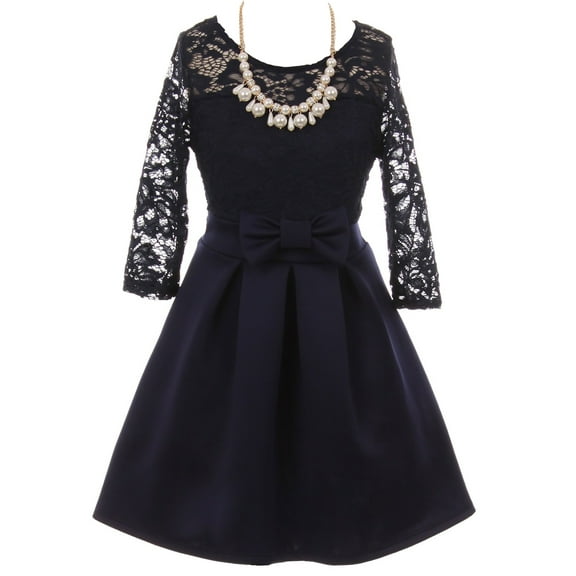 Little Girls Floral Lace Long Sleeve Illusion Neckline Special Occasion Flower Girl Dress Navy 2 (J21KS04)