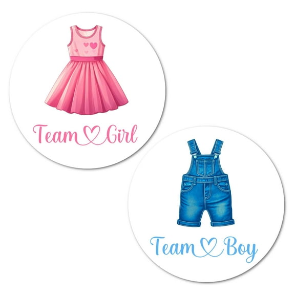 40 Wardrobe Gender Reveal Stickers, Dress Overall Team Girl Team Boy, 2 Inch Big Round Glossy Labels, Clothes Pink and Blue Decals, Baby Shower Party Favors, Tags, Games And Supplies. Made in USA