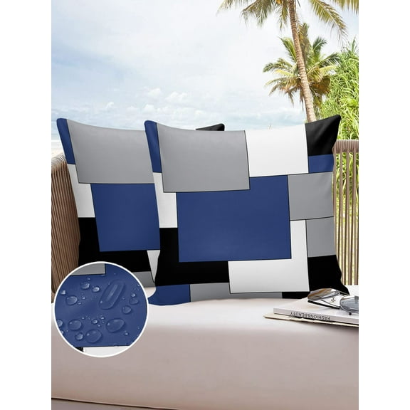 Outdoor Throw Pillow Cover Blue Black White Grey Art Waterproof Cushion Covers 2 Pack Splicing Modern Color Block Pillow Cases Home Decoration for Patio Garden Couch Sofa