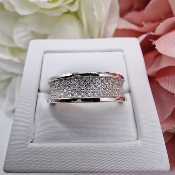 Silver & Stone Jewels Wide Band CZ Ring 14K White Gold Finish Crystal Statement Ring for Women, Elegant Gift Jewelry