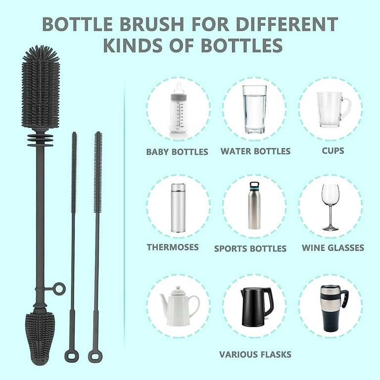 Silicone Baby Bottle Brush and Straw Cleaner Brush Set,Silicone Fully  Encased Dish Brush,Versatile Deep Cleaning Long Water Bottle Brushes,Heat