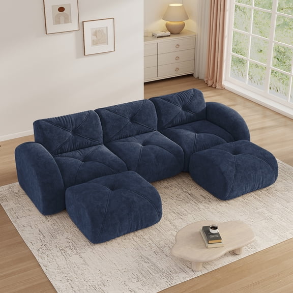 Aukfa Velvet Tufted Modular Sectional Sofa, 5-Piece U-Shaped Boneless Living Room Couch with 2 Ottomans, Blue
