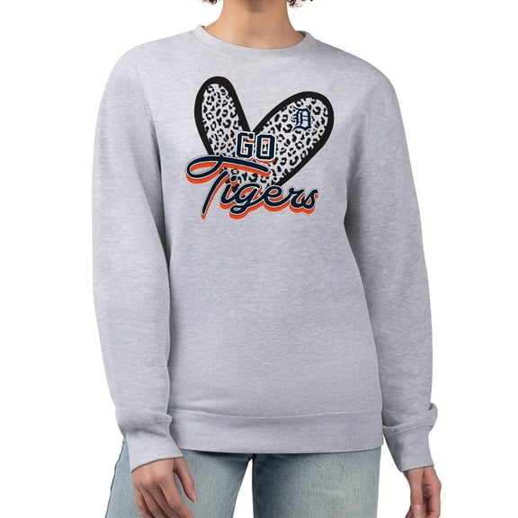 Women's G-III 4Her by Carl Banks Heather Gray Detroit Tigers Leopard Heart Pullover Sweatshirt
