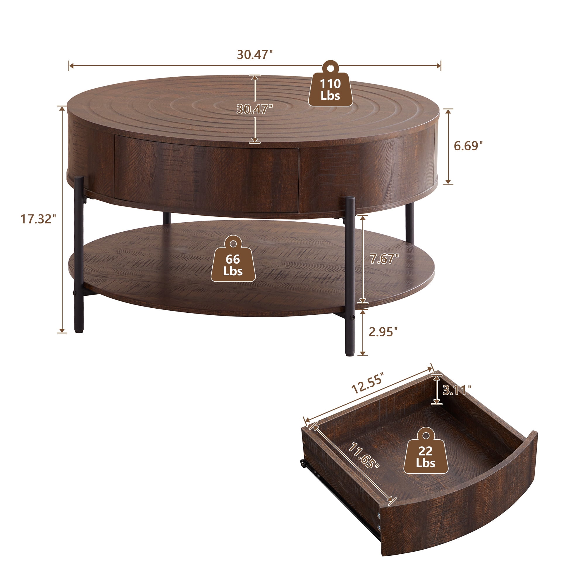 Wirrytor 30" Round Coffee Table with 2 Drawers and Storage Shelf, Modern Farmhouse Tea Table with Natural Tree Rings Top, Dark Brown