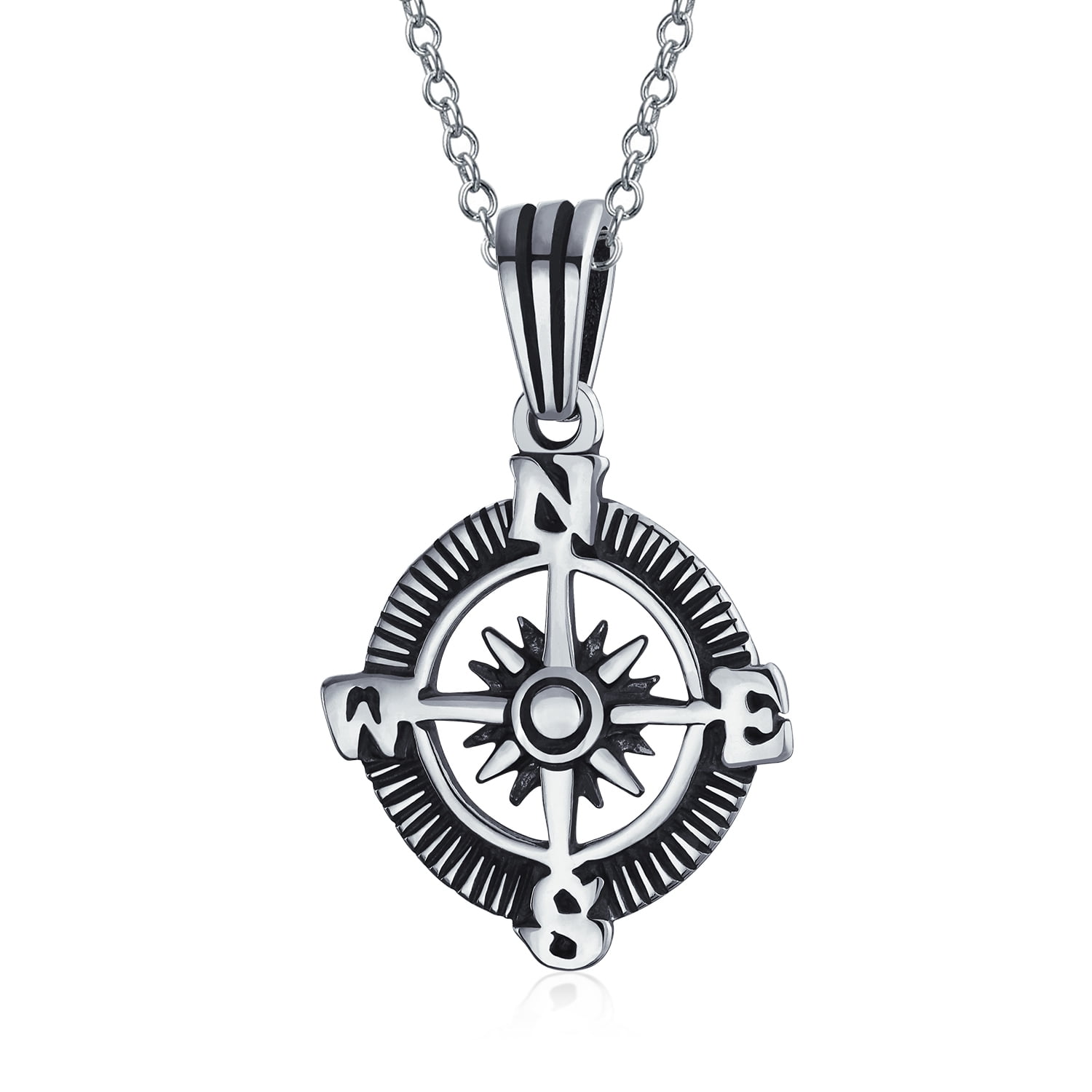 Medallion Explorer Travel Rose Compass Pendant Necklace .925 Silver