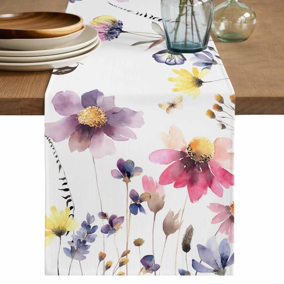 Purple Spring Floral Table Runner 120 Inches, Pink Flowers Farmhouse Watercolor Bed Runner Dresser Scarves Tabletop for Indoor Outdoor Parties/Ceremony/Banquet, 13"x 120"