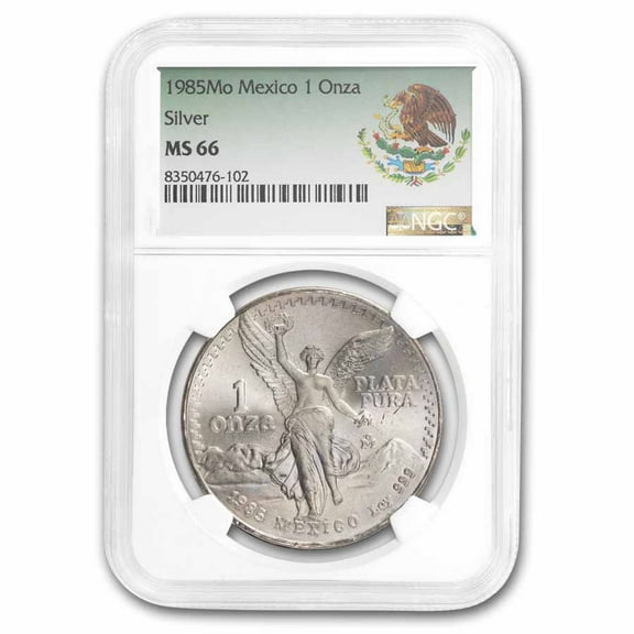 1985 Mexico 1 oz Silver Libertad MS-66 NGC (Coat of Arms Label)