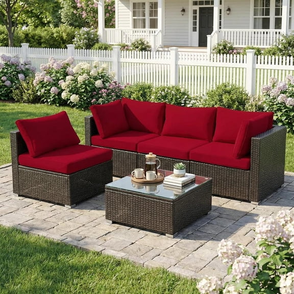 Topcobe 5 Pieces Cushioned Patio Rattan Furniture Set with Glass Table, Outdoor Patio Furniture for Garden Backyard-Red