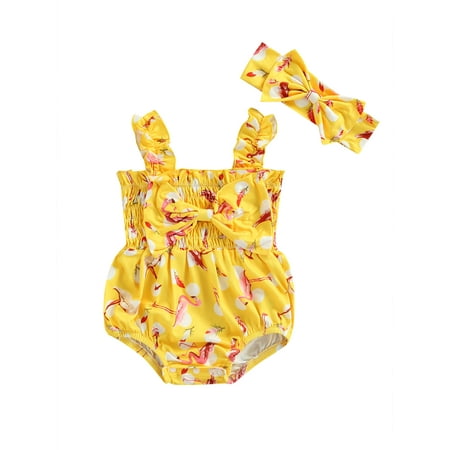 

Suanret Lovely Baby Girls Romper Set Sleeveless Lemon Pineapple Bow Knot Bodysuit Romper with Headband Yellow 6-9 Months