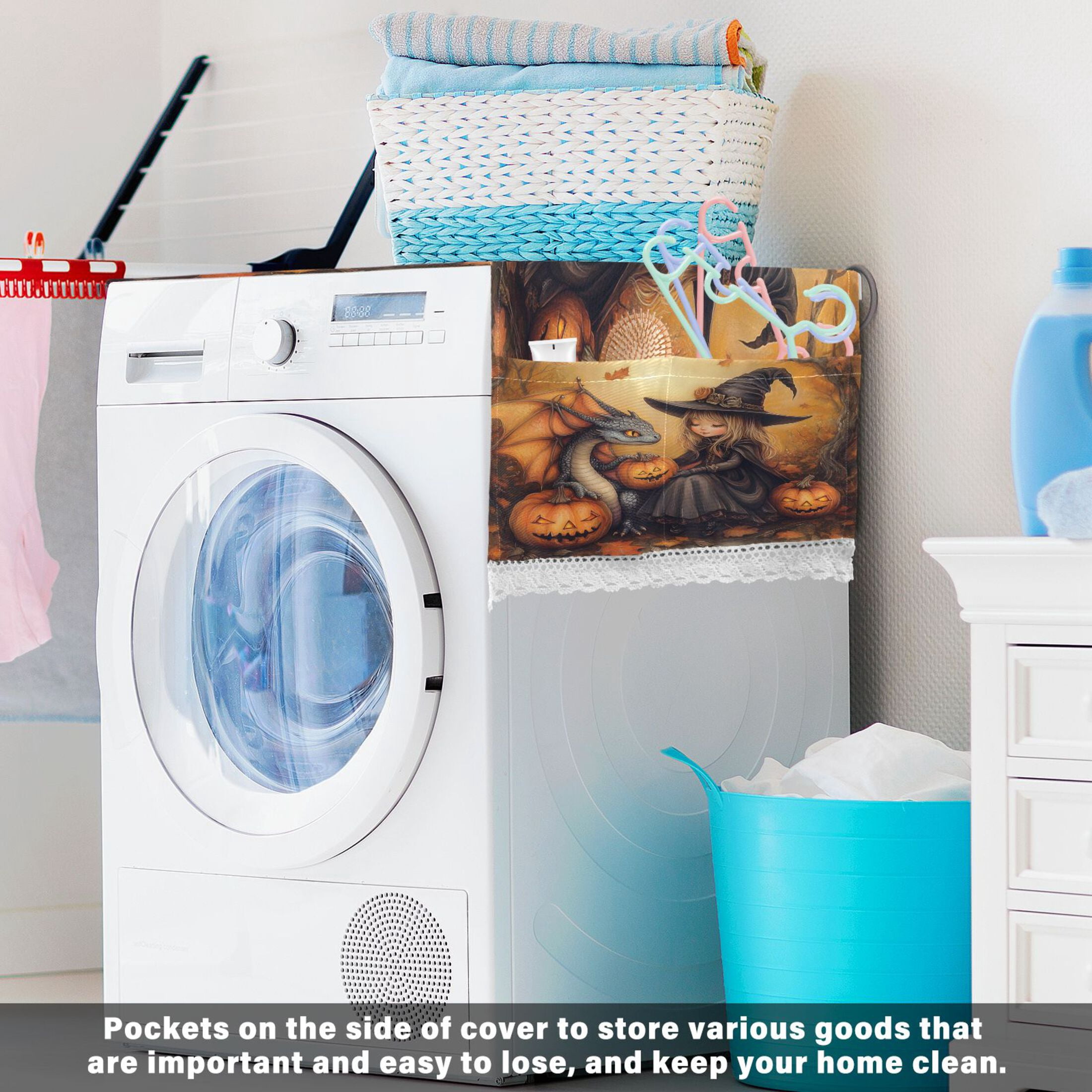 A Little Witch and Her DragonWasher and Dryer Covers Dust-Proof and Oil Resistant Fridge Cover with 4 Storage Pockets Washing Machine Top Cover for Laundry Kitchen Home 51.2 x 22 In