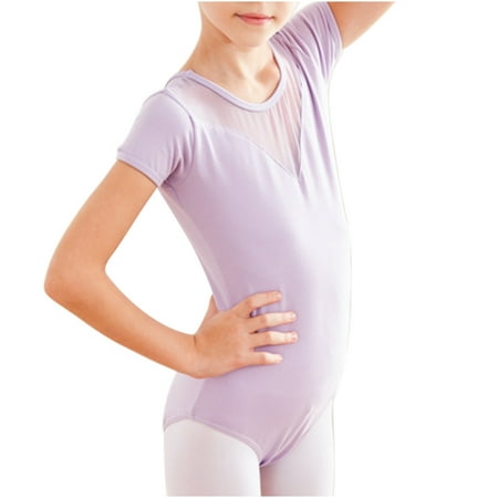

Ahdbta Leotard for Toddler Girls Solid Color Mesh Patchwork Ballet Leotards Round Neck Dance Gymnastics Outfit with Bow Back