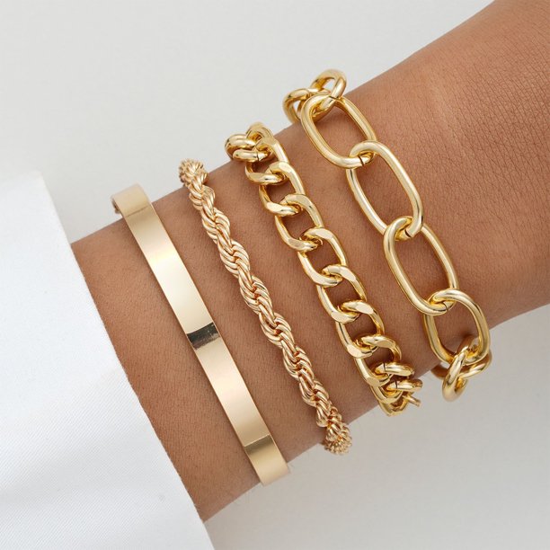 Fiudx Conjunto de Pulseras Bohemias, Joyería Apilable con Brazaletes de Metal, Pulseras de Cadena Ajustables En Capas, Conjunto Versátil de 4 Piezas, Estilo Unisex, Uso Diario, Empaque para Regalo.
