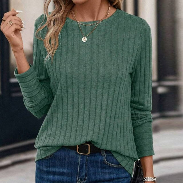 BLCHUNen Womens Long Sleeve Shirts Ribbed Knit Crew Neck Pullover Lightweight Stretch Casual Workout Fall Blouses