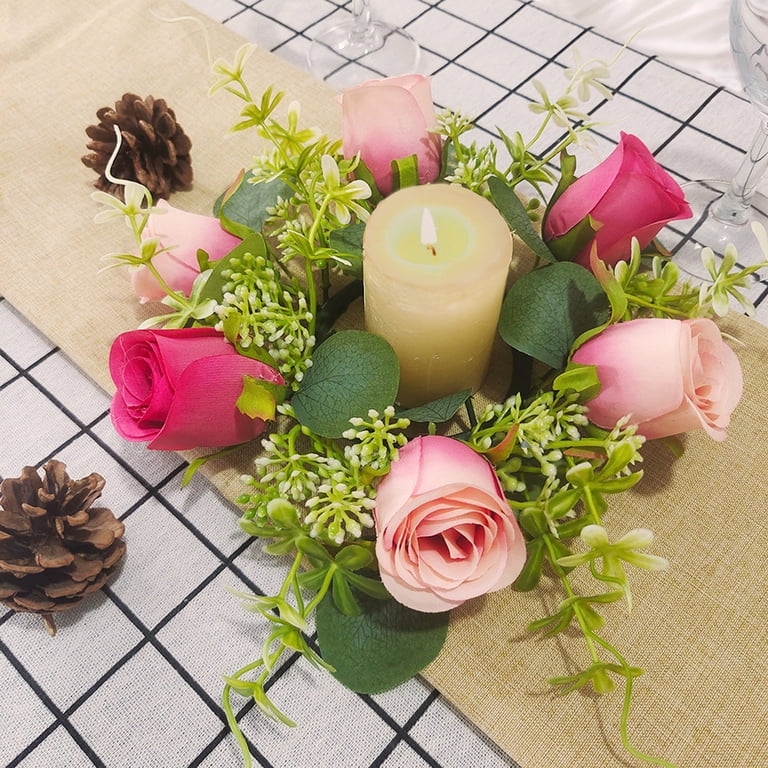 Artificial Rose Candle Ring Wreath Faux Silk Floral Wedding Centerpiece ...