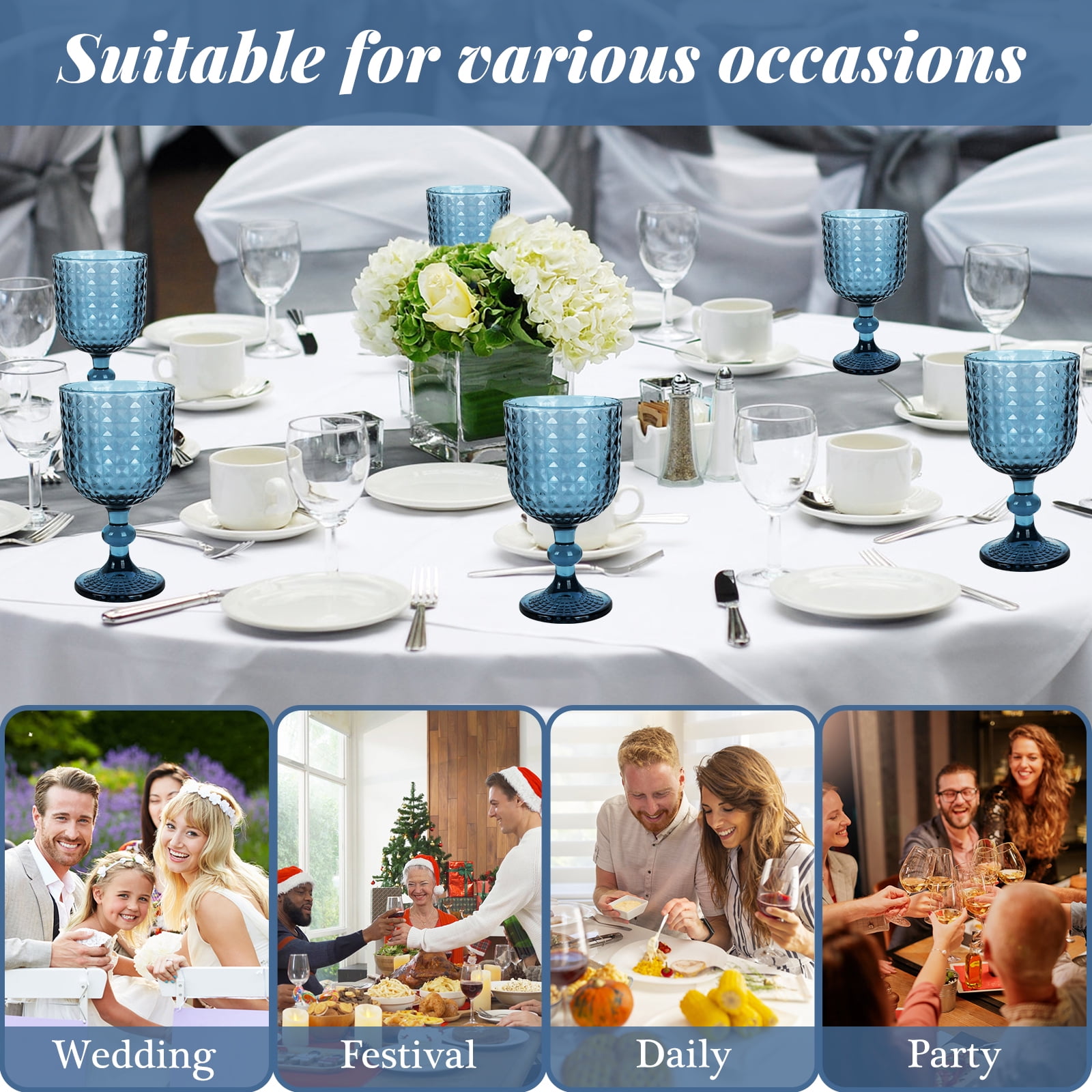 Blue Diamond Pattern Glass Cups Set of 6, 360ml Vintage Crisscross Design, Whiskey Wine Coffee Glasses, Dishwasher Safe for Wedding, Party & Daily Use