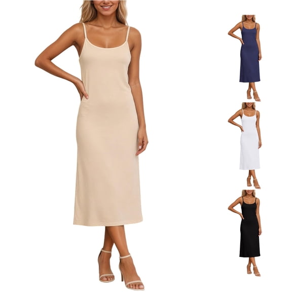 Krdevn Women Adjustable Strap Midi Cami Dress Soft Slim Fit Solid Basic Dress Loungewear Nightgown,Beige