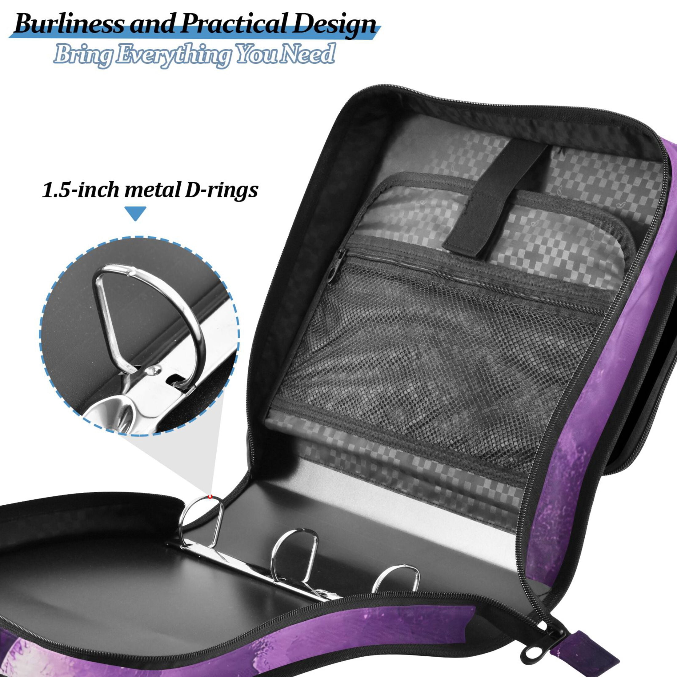3 Ring Zipper Binder with Shoulder Strap Waterproof Trapper Keeper 2 Inch D-Ring 500 Sheets Capacity Bats Flying in Moon Night