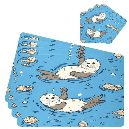 

Wobogo Cute Otter Pattern Placemats Coasters Set of 4 Heat-resistant Non-slip Easy to Clean Square Dinner Plate Mat