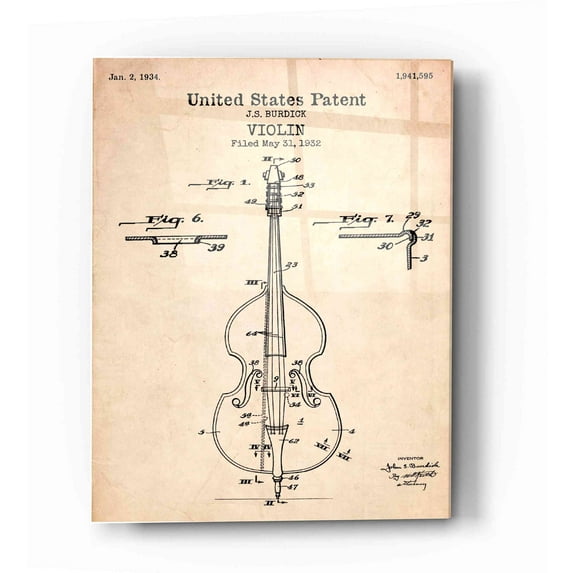 Epic Art 'Violin Blueprint Patent Parchment' Acrylic Glass Wall Art, 12"x16"