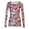 thumbnail image 4 of Halloween Shirts for Women Long Sleeve Slim Ribbed Funny Pumpkin Ghost Tunic Tops Holiday Crew Neck Fall Spring Basic Tees Purple Pink M, 4 of 6