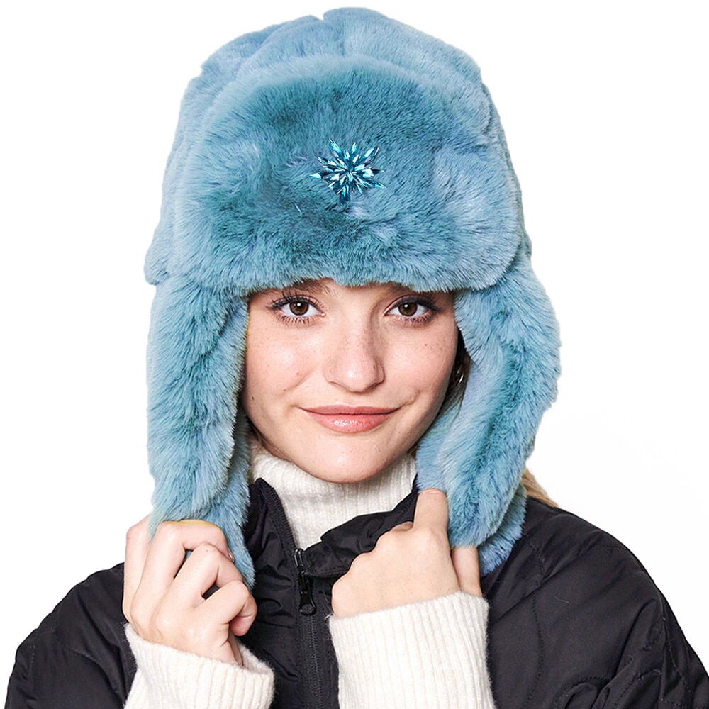 STP GOODS Turquoise Blue Faux Rabbit Fur Women's Earflap Hat with Clasp Trapper Hat for Women Ushanka Hat with Brooch Aviator Trapper Hat Winter Hat with Earflaps, One Size
