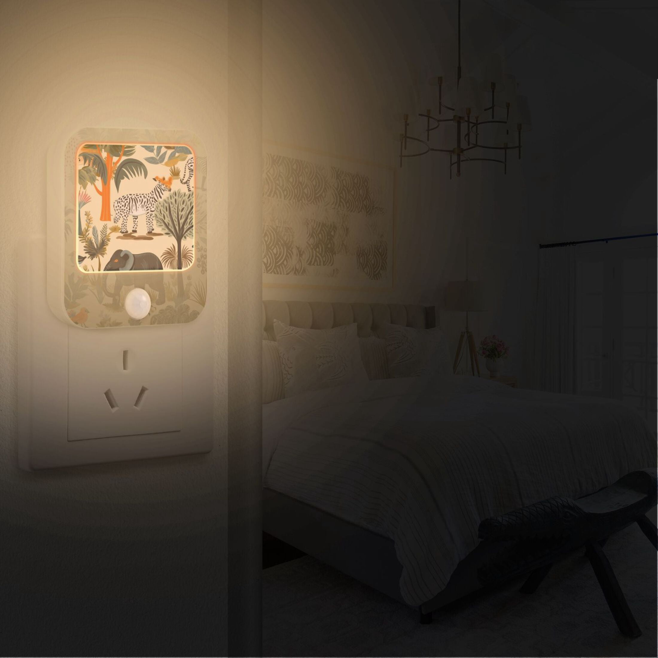 Elephant Trees Zebra Monkey Birds Night Lights Plug into Wall LED with Auto Light Sensor Warm Light for Kids Hallway Bedroom Living Room Kitchen Bathroom Set of 2