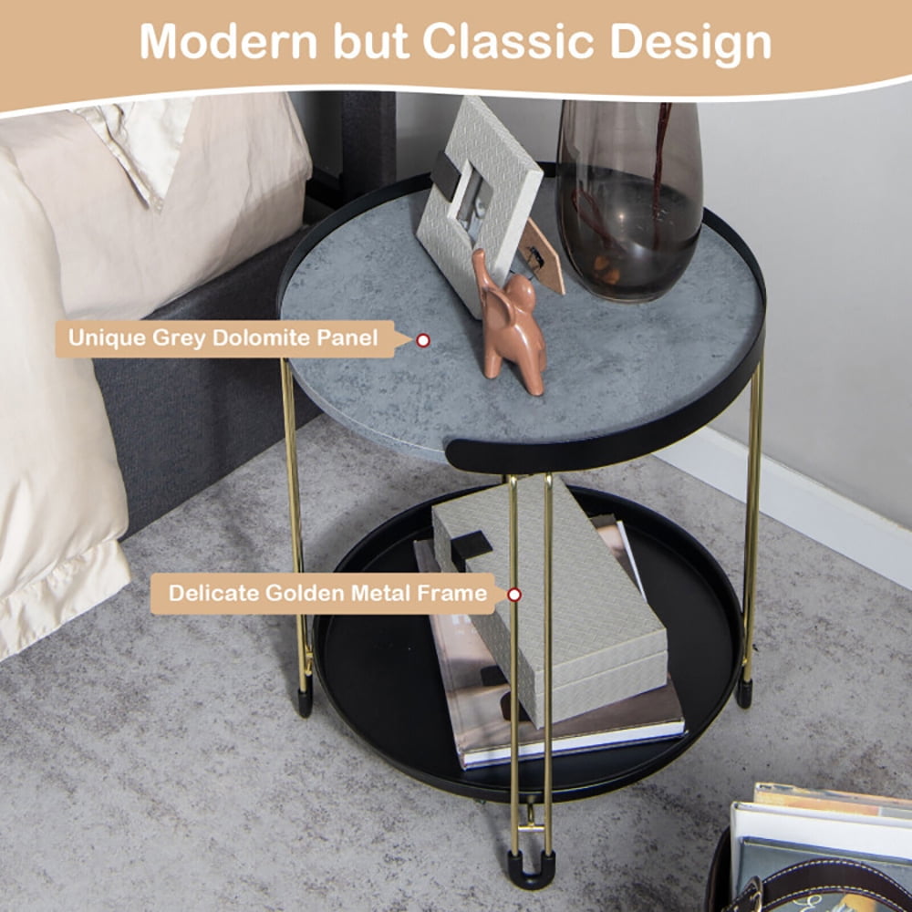 Finihen End Table, 2-Tier Round Side Table with Removable Tray and Metal Frame for Small Space, Sofa Side Table, Bed Side Table, for Living Room, Bedroom, Black