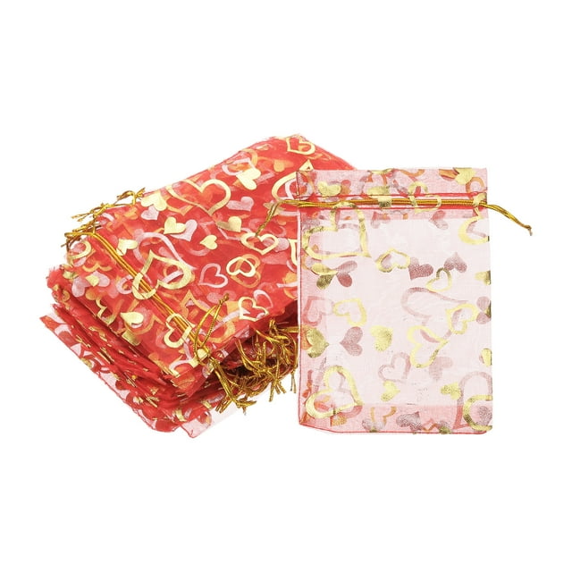 50 Pcs 4x6 Pulgadas Bolsas de Organza Impresas con Corazones, Bolsas de Organza Transparentes Rojas con Cordón para Regalos de Favor de Dulces