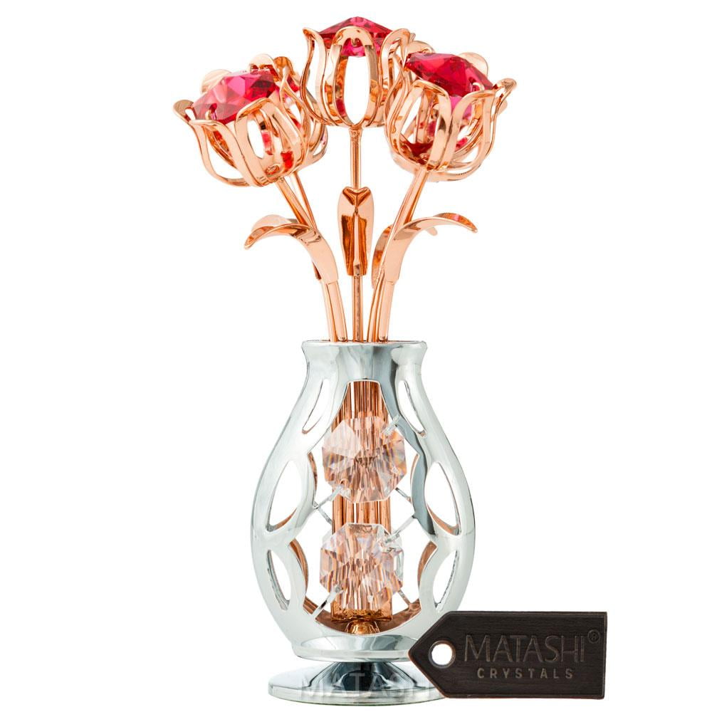 Matashi Rose Gold and Chrome Plated Flowers Bouquet and Vase w/ Red & Clear Crystals | Table Top Decorations | Metal Floral Arrangement | Elegant Home or Office Décor