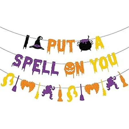 

JOZON Colorful Glittery I Put a Spell on You Banner with Witch Hat Pot Signs Halloween Hocus Pocus Witches Garland Banner Halloween Holiday Haunted House Party Decorations for Mantle Fireplace Wall