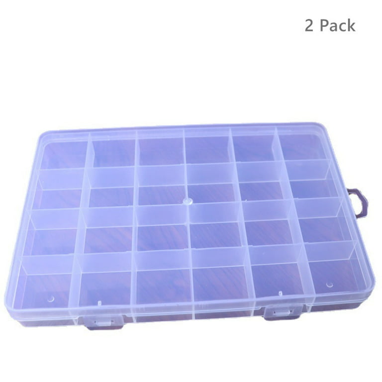 2 Pack Clear Storage Containers with 24 Grid Dividers, Large Plastic Tackle Boxes for Beads, Buttons, DIY Jewelry, Size: 7.5