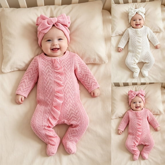 Pandaie Newborn Baby Girl Fall Winter Clothes Outfit Ruffle Romper Cute Ribbed Knit Jumpsuit with Headband Pink,6-12M